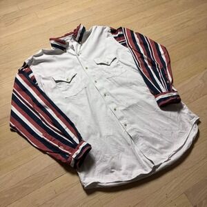 Mid-West Garment Co Mens Striped Sleeve Western Button Down Shirt White Red Navy